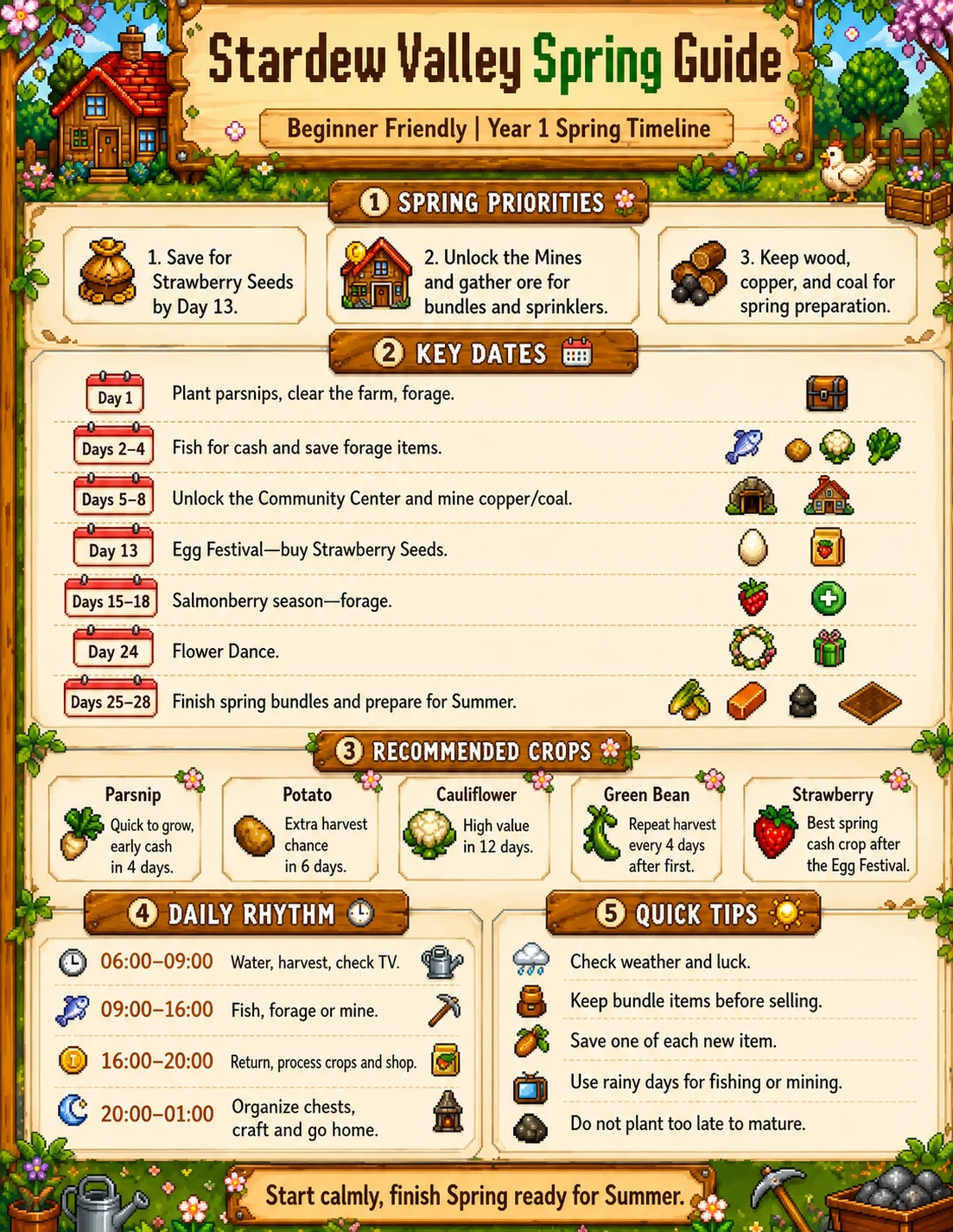 English Stardew Valley Year 1 Spring guide card showing spring priorities, key dates, recommended crops, daily rhythm, and quick tips