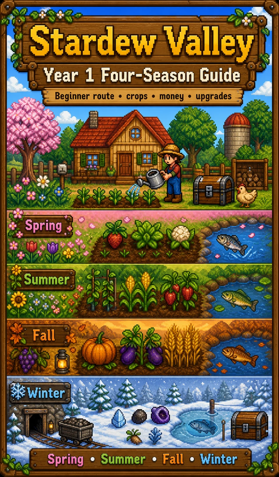 English Stardew Valley Year 1 four-season guide cover showing Spring, Summer, Fall, and Winter