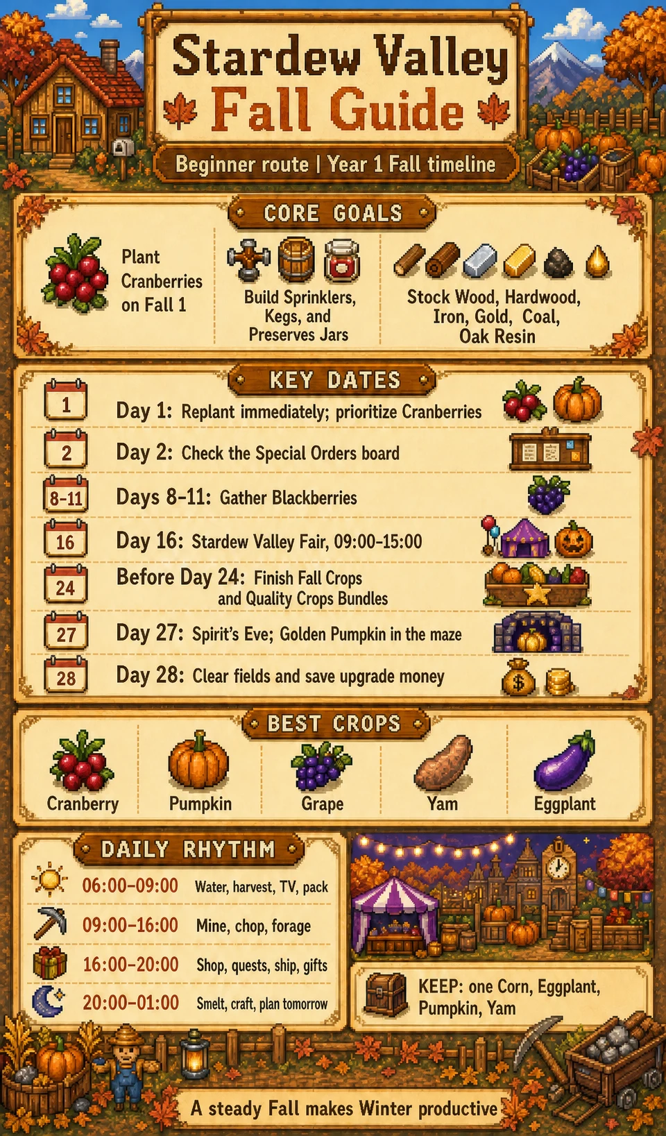 English Stardew Valley Fall Year 1 guide card with goals, key dates, crops, and daily rhythm