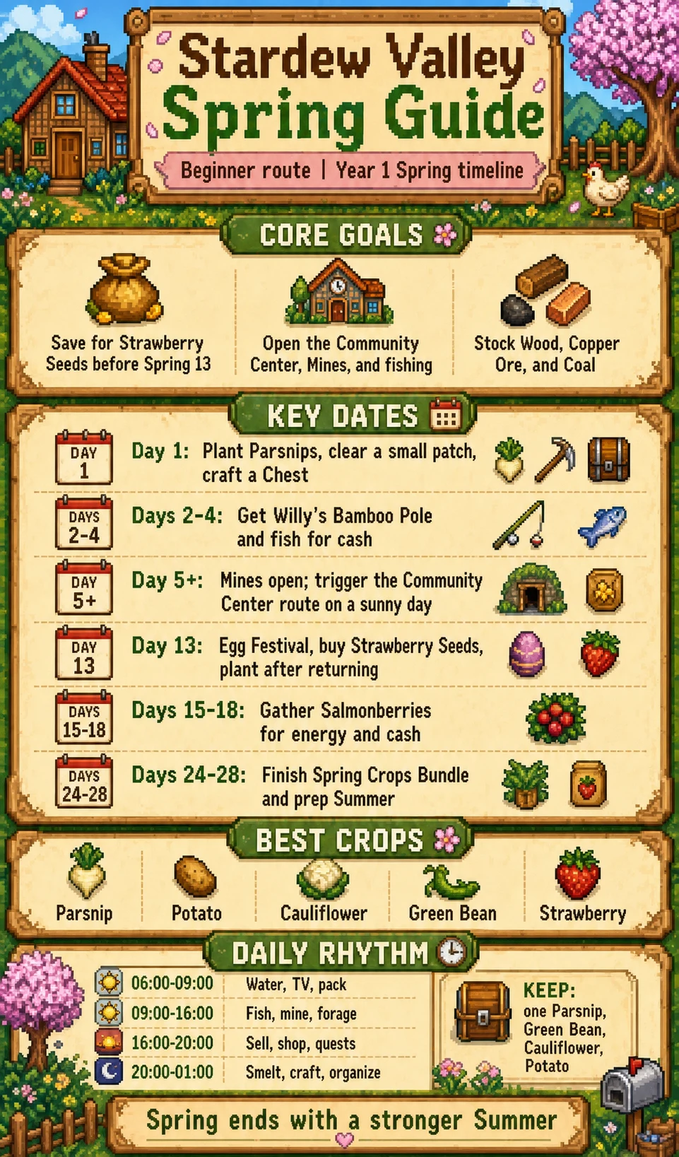 English Stardew Valley Spring Year 1 guide card with goals, key dates, crops, and daily rhythm
