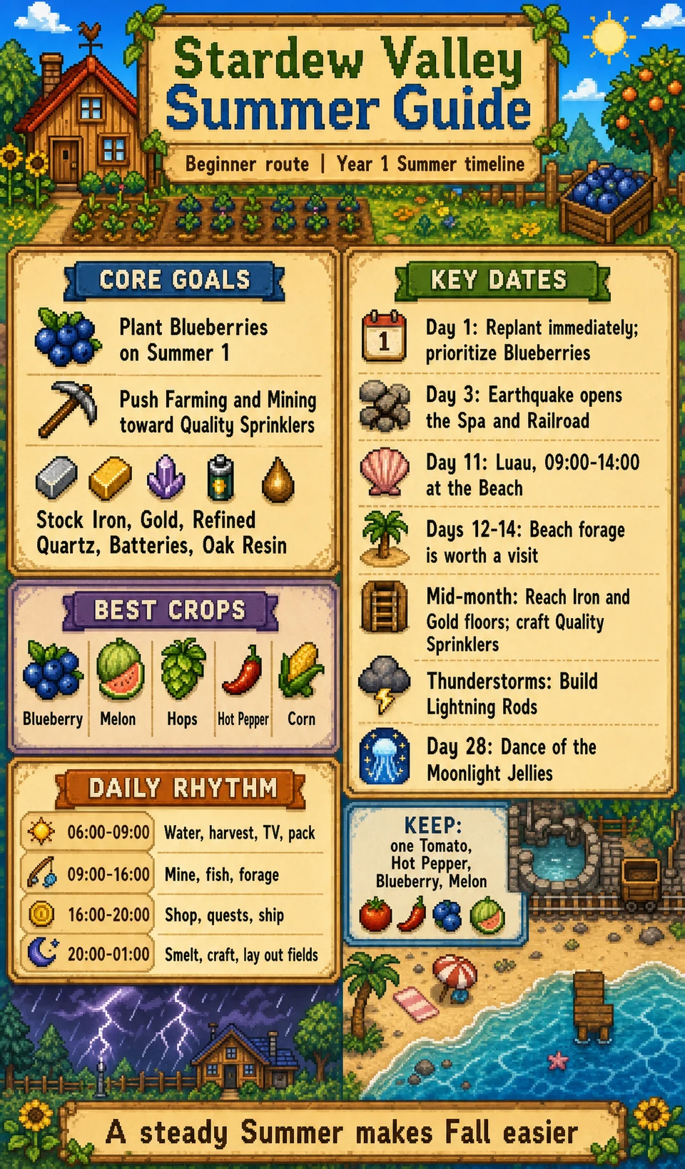 English Stardew Valley Summer Year 1 guide card with goals, key dates, crops, and daily rhythm