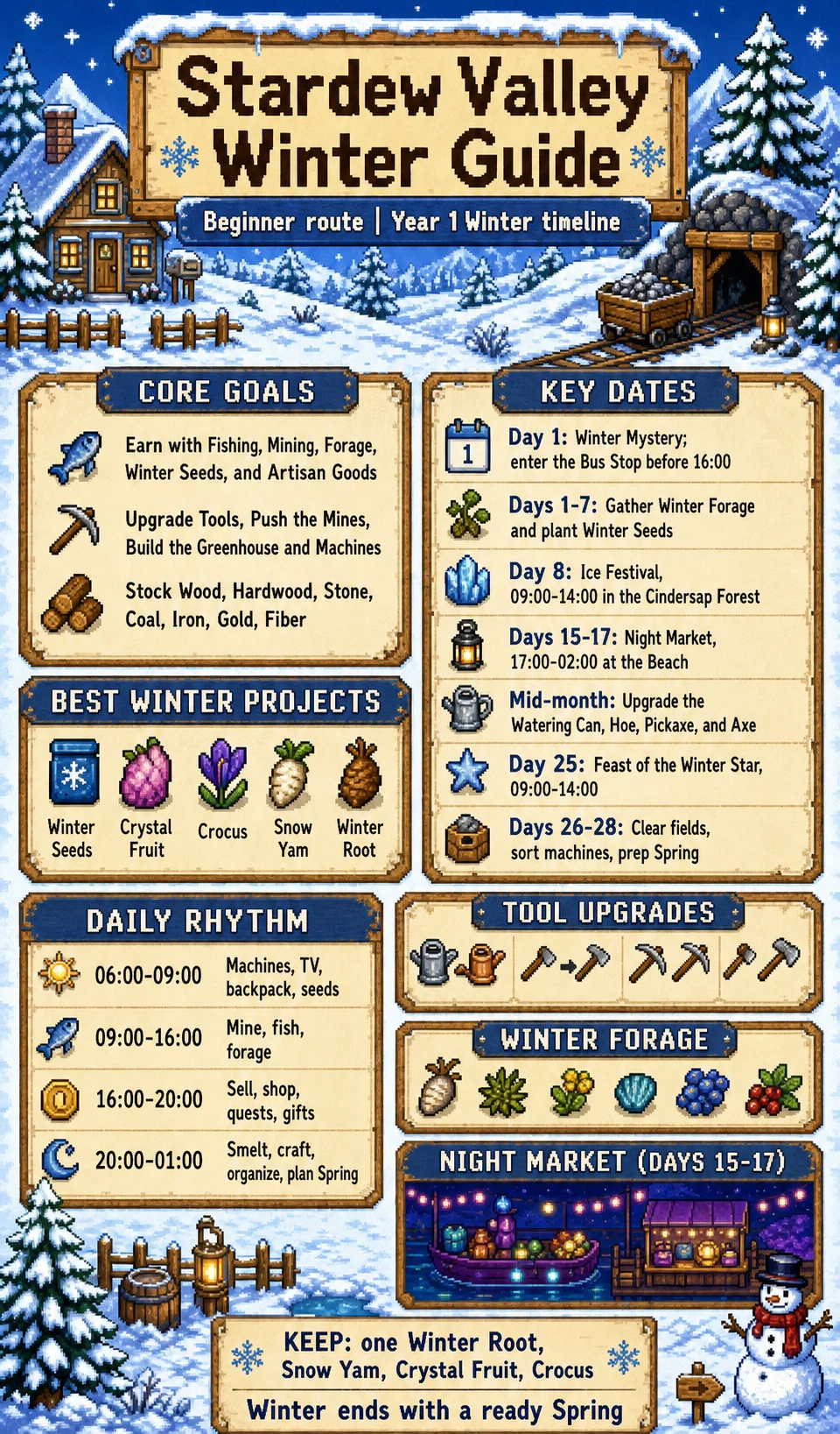 English Stardew Valley Winter Year 1 guide card with goals, key dates, projects, and daily rhythm